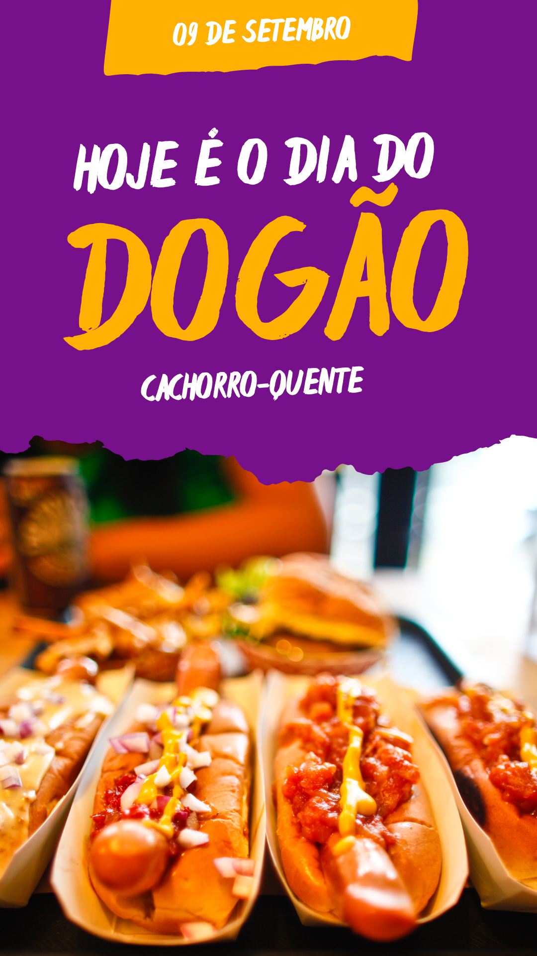 Dia do Cachorro Quente Hot Dog Instagram Story Roxo Amarelo Branco