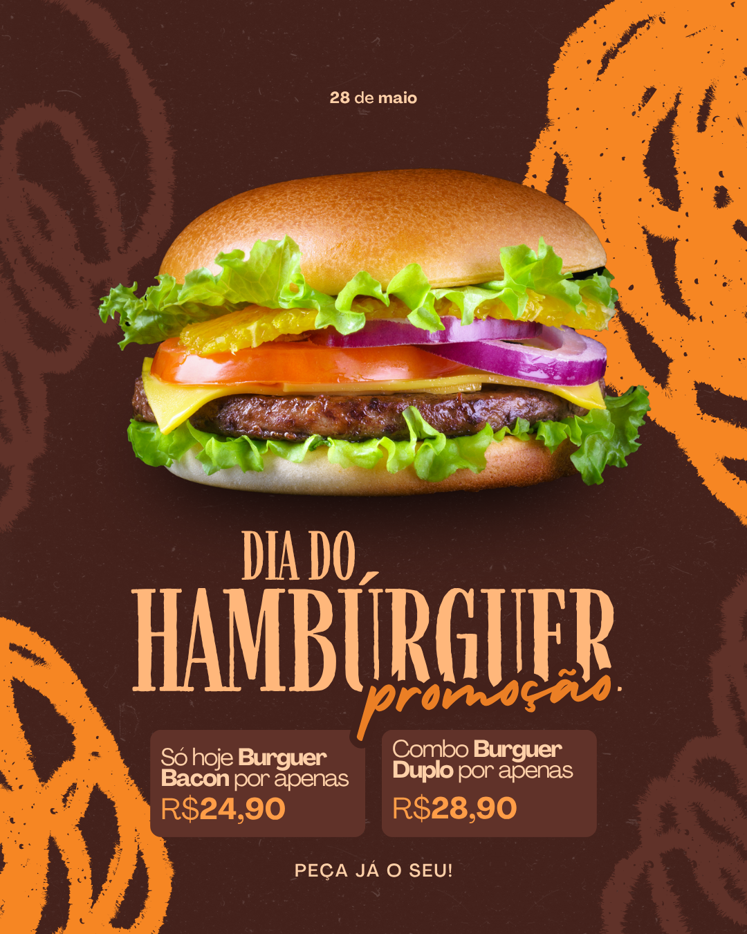Dia do hambúrguer promoção moderno laranja marrom post do instagram