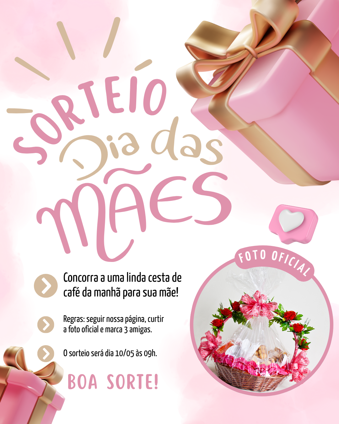 Post para instagram moderno sorteio dia das mães loja rosa e dourado