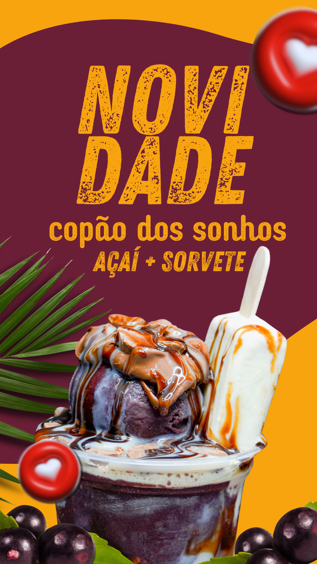 Story Do Instagram Açaí Novidade Sorvete Sorveteria Criativo Alegre Roxo E Amarelo